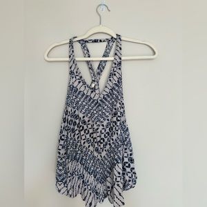Blue women’s patterned, light and flowy tank top. Cris cross back. Size XS